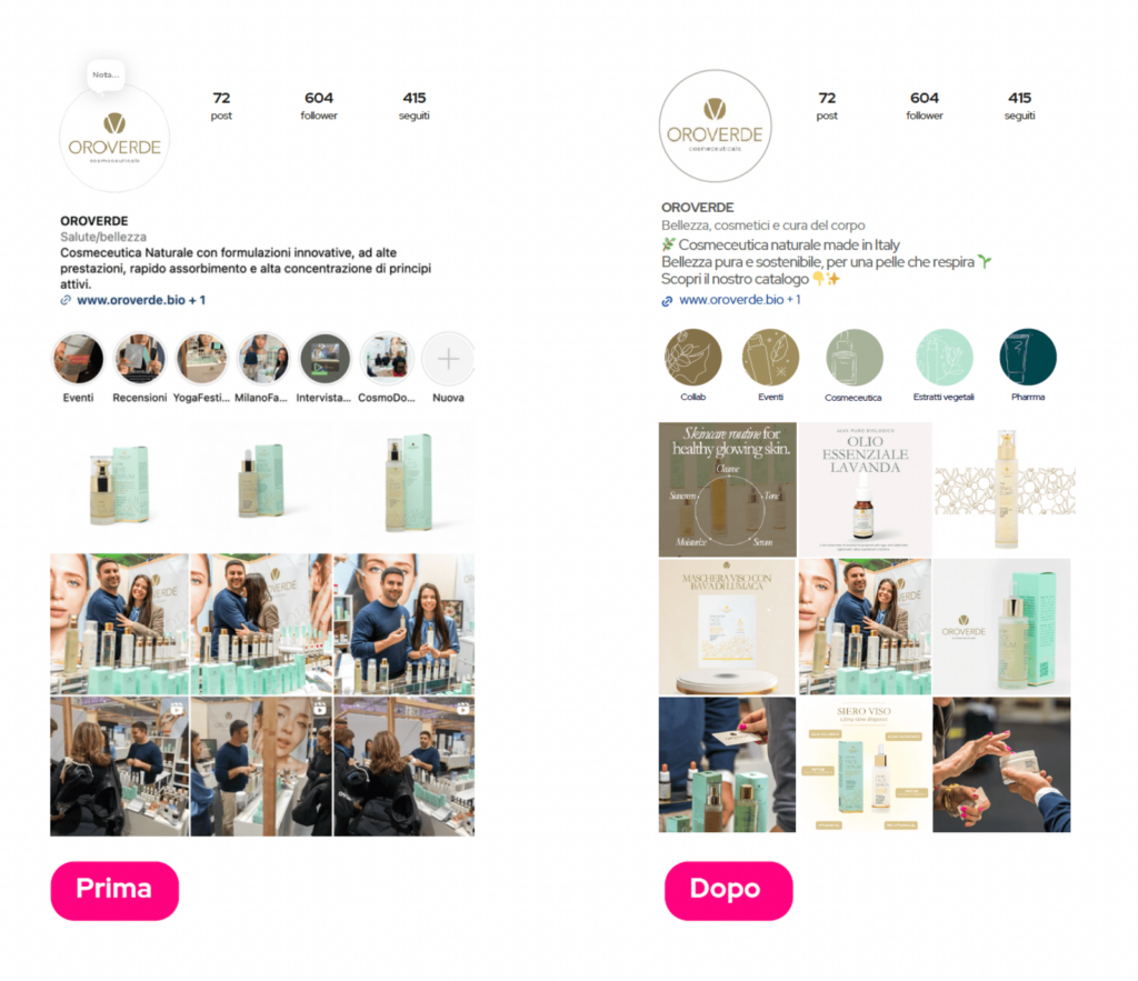 Prima e Dopo Feed di Instagram Strategia digital Oro Verde